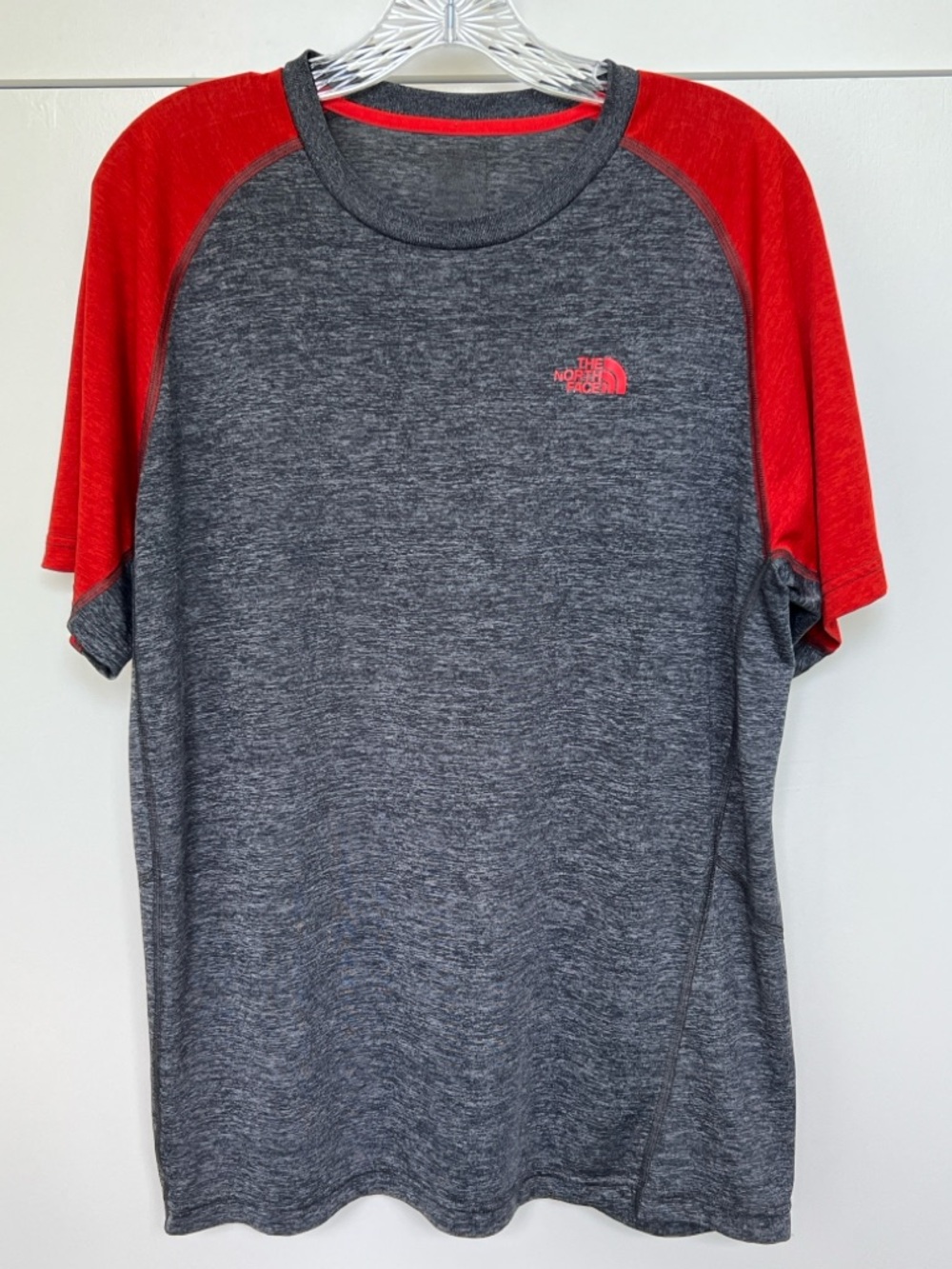 The North Face Men’s Short-Sleeve Tee Shirt — Gray Body with Red Sleeves